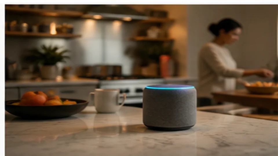 Smart speaker in a warm, lived-in kitchen