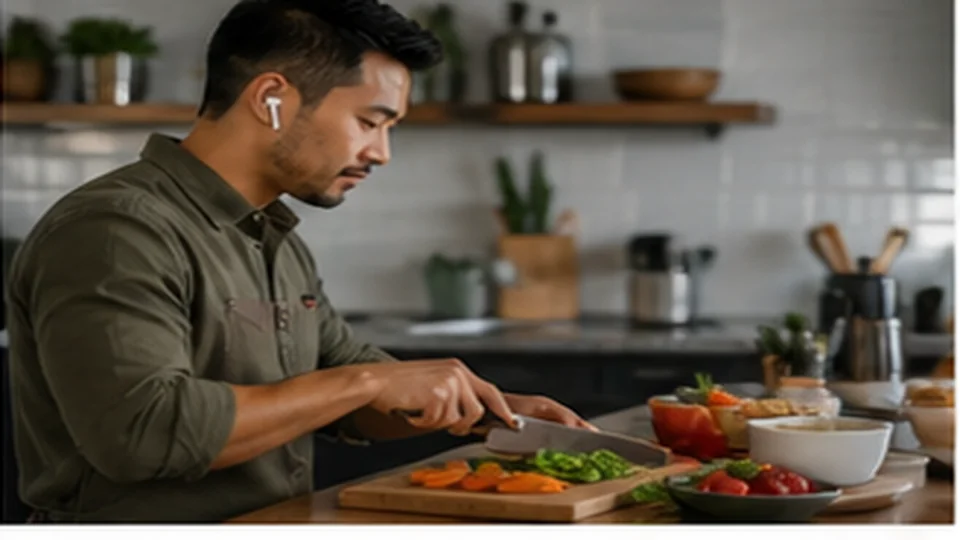 Lifestyle scene illustrating Wireless Earbuds That Work While You Cook