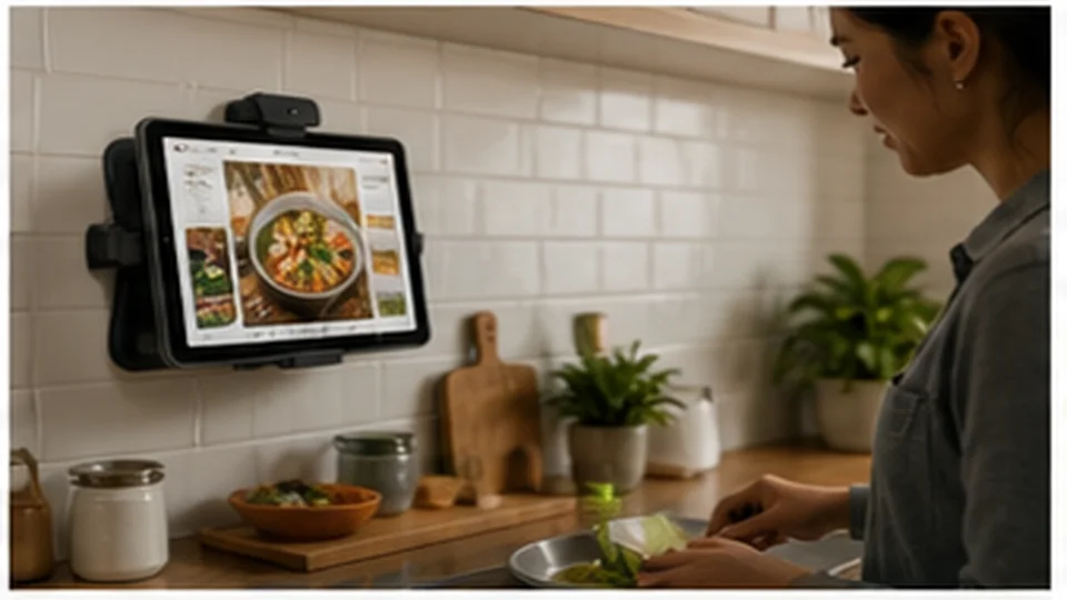 Lifestyle scene illustrating Tablets for Recipes and Household Planning in the Kitchen